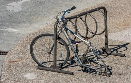 A bike without its rear wheel and seat in Ottawa, Ontario.
