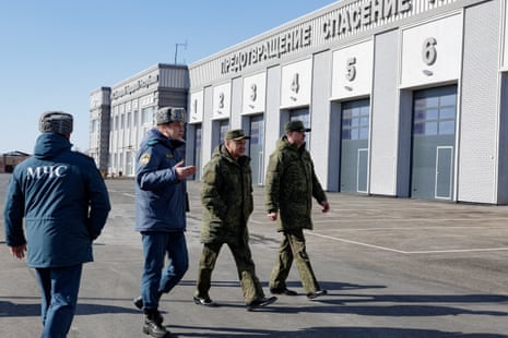 Russia’s defence minister Sergei Shoigu inspects a rescue centre of the emergencies ministry in Mariupol.
