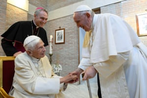 Pope Francis meets Benedict at the end of the Consistory at the Mater Ecclesiae monastery, Vatican City, in 2022.