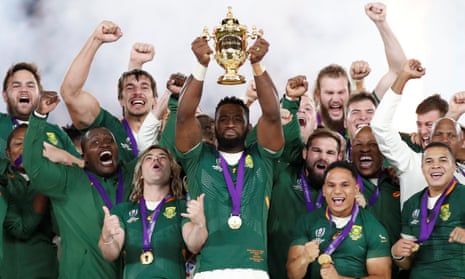 South Africa lift the Webb Ellis Cup after beating England in the Rugby World Cup final in Yokohama, Japan in 2019.