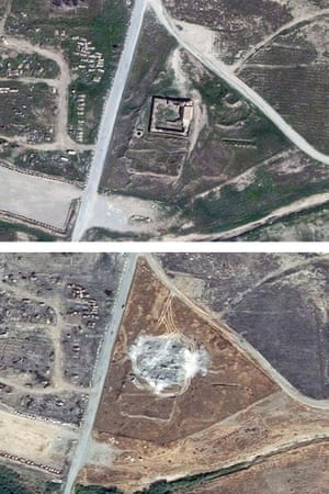 This combination of two satellite images provided by DigitalGlobe shows the site of the 1,400-year-old Christian monastery.