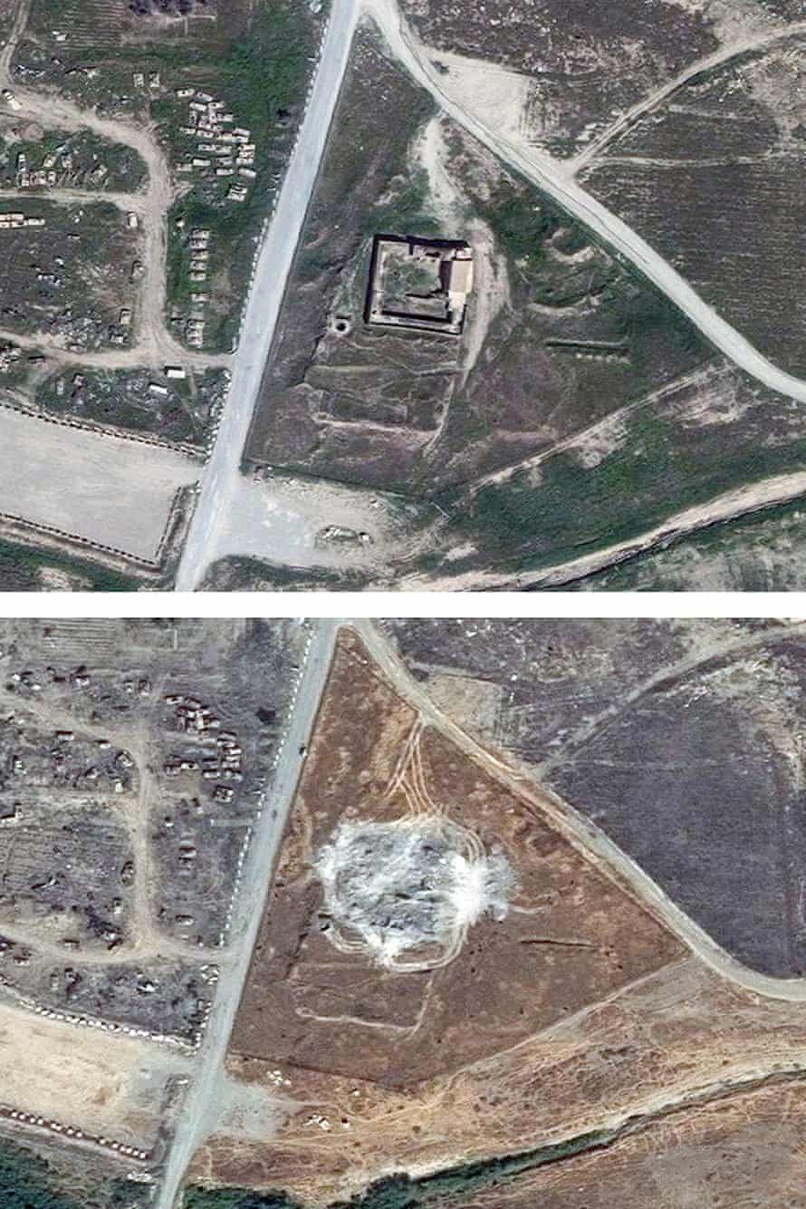 This combination of two satellite images provided by DigitalGlobe shows the site of the 1,400-year-old Christian monastery.
