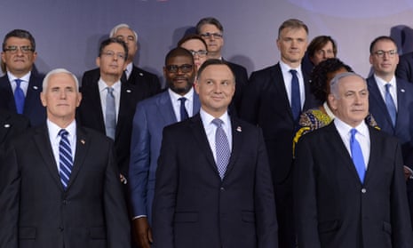 US vice-president Mike Pence ( left), Polish president Andrzej Duda (centre), and Israeli prime minister Benjamin Netanyahu (right), with other leaders at a Middle East summit in Warsaw last week