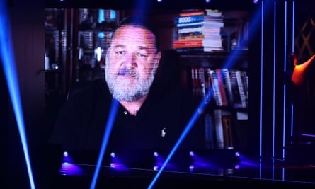 Russell Crowe speaks via videolink during the 2020 Aacta awards at The Star in Sydney.