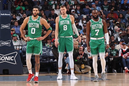 Kristaps Porzingis (8), Jayson Tatum (0) and Jaylen Brown (7) combined to average 70.0 points per game for the Celtics during the regular season.