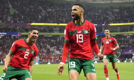 Youssef En-Nesyri celebrates scoring Morocco’s first goal against Portugal. 