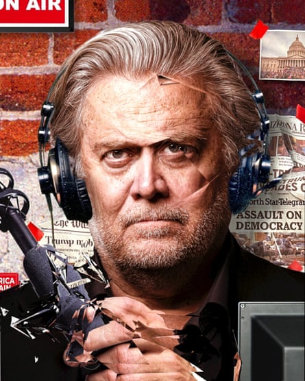 A stylized image of Steve Bannon wearing headphones, and in front of a mic, with a background of red bricks with clippings of headlines