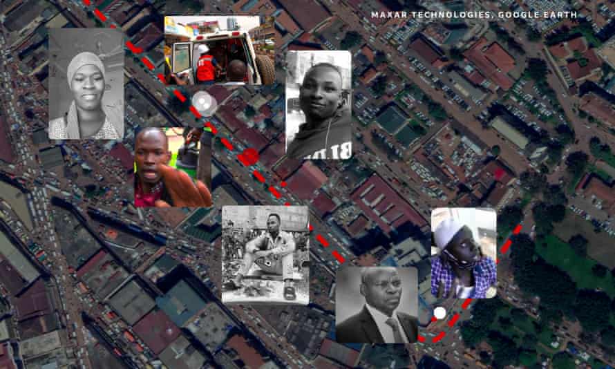 The locations of the shootings positioned on a satellite image of Kampala.