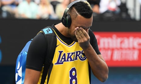 Nick Kyrgios spent the entire warm up to his match with Rafa Nadal in an LA Lakers shirt in tribute to Kobe Bryant.