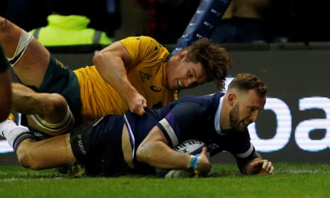Byron McGuigan scores his second try, Scotland’s sixth, in their 53-24 win against Australia at Murrayfield