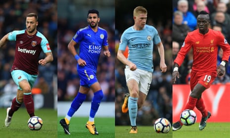 From left: West Ham’s Marko Arnautovic, Leicester’s Riyad Mahrez, Kevin De Bruyne of Manchester City and Liverpool’s Sadio Mané.