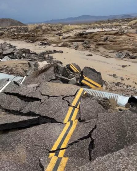 A road damaged by flash floods in the Mojave national preserve in California.