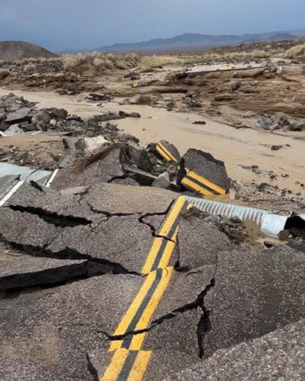 The damaged intersection of Kelbacker Road and Mojave Road in the Mojave national preserve.