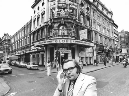 Michael Billington outside the Globe theatre on Shaftesbury Avenue, London, in 1977