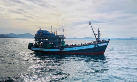 A boat carrying Rohingya refugees is detained in Malaysian territorial waters off the island of Langkawi   on 16 April.