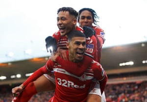 Middlesbrough’s Ashley Fletcher celebrates scoring the first goal of the game against Tottenham, who hit back in the second half to force a replay.