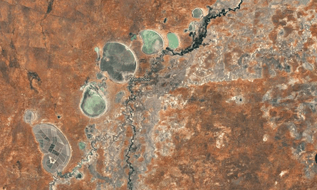 A satellite image shows land under cultivation at Tandou, in a dry lake at the lower left. Above it are the Menindee Lakes.
