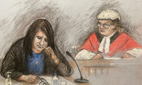 Court artist sketch of Angharad Williamson giving evidence at Cardiff crown court.