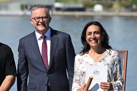 Anthony Albanese with new Australian citizen Nashieli Garcia Alaniz during the National Australia Day Flag Raising and Citizenship Ceremony in Canberra