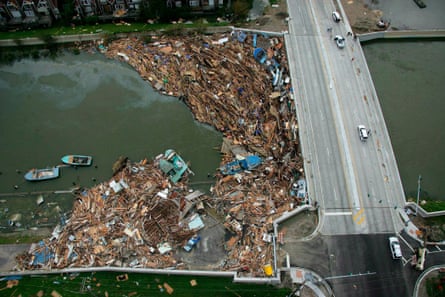 aerial view of destruction caused by flooding and winds