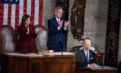 President Joe Biden gives his second State of the Union address as the new Speaker of the House, Kevin McCarthy and Vice President Kamala Harris look on at the US Capital in Washington DC. State of the Union address, Washington DC, USA - 07 Feb 2023