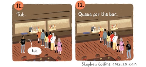 Pub etiquette – it's best to join the queue. By Stephen Collins, panel 8