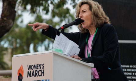 Kirsten Engel, the Democratic candidate for Arizona, at a Women’s March rally in Phoenix, Jan 2024. T