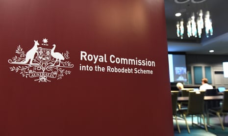 Signage is seen in the media room at the first hearing block of the Royal Commission into the Robodebt Scheme at the Pullman Brisbane King George Square Hotel in Brisbane