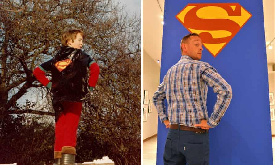 Mark O'Connell as a child and now with Superman logo.