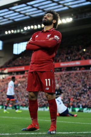 Mohamed Salah celebrates after scoring Liverpool third goal.