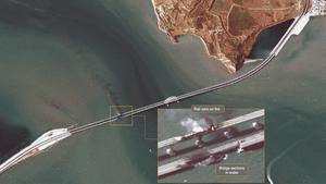 The damaged Kerch bridge from Russia to Crimea after a truck bomb blast in October