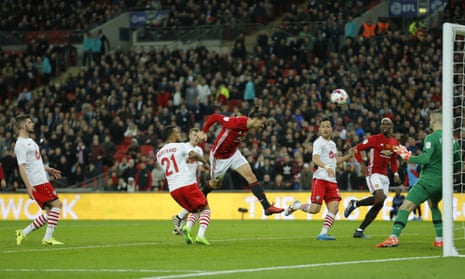 Zlatan Ibrahimovic scores his second goal to make it 3-2 to Manchester United against Southampton at Wembley.