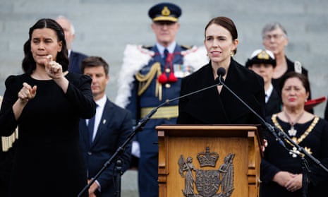 New Zealand's Prime Minister Jacinda Ardern speaks during a Proclamation of Accession ceremony for King Charles III at the Parliament in Wellington.