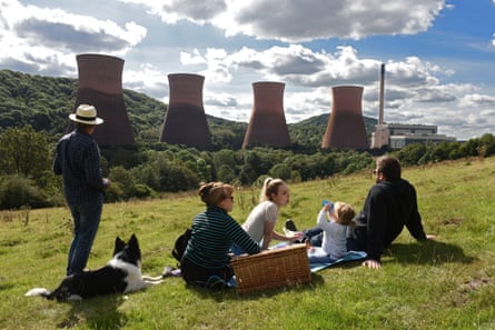 A family picnic near the cooling towers of Ironbridge Power Station, demolished in 2019.