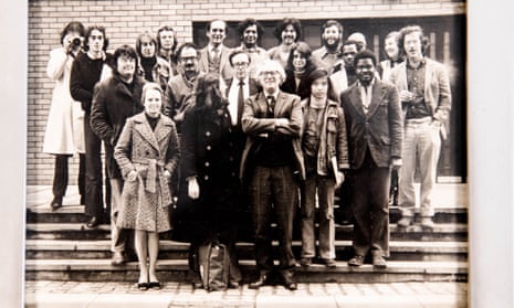The first cohort of staff and students in peace studies at Bradford University assemble for a portrait, October 1974