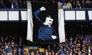 A Ross Barkley banner is unveiled during Everton’s Premier League match against Burnley at Goodison Park on 15 April.