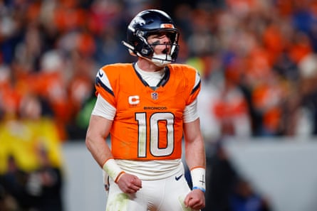 Denver Broncos quarterback Bo Nix celebrates after a touchdown during the second half of Saturday’s game.