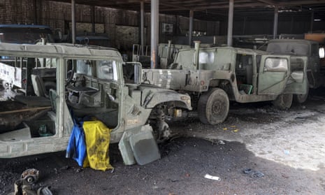 Damaged Ukrainian army military vehicles seen at the partly destroyed Illich Iron &amp; Steel Works Metallurgical Plant on Monday.