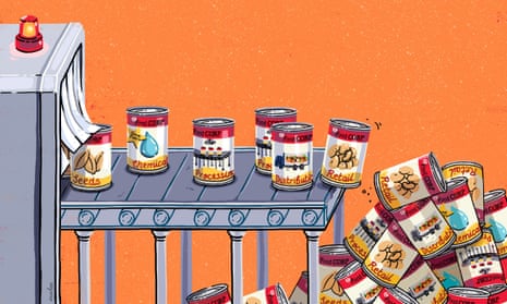 Illustration of food tins falling off a conveyor belt