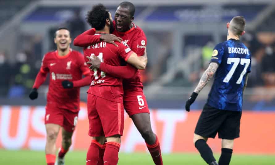 Mohamed Salah and Ibrahima Konaté embrace after Salah doubled Liverpool’s lead over Inter.