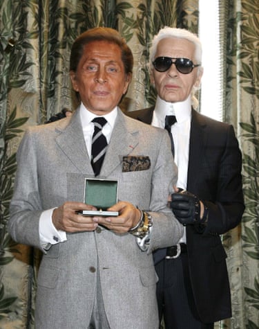 Valentino stands looking at the camera with his friend and contemporary Karl Lagerfeld.