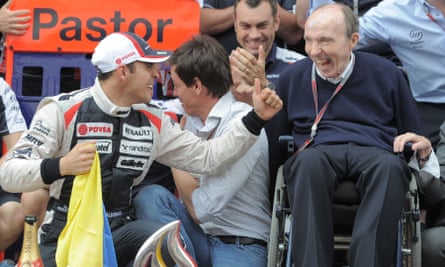 Frank Williams celebrates driver Pastor Maldonado after his win during the Spanish Formula One Grand Priz in 2012, however the once-mighty team was by now in decline.