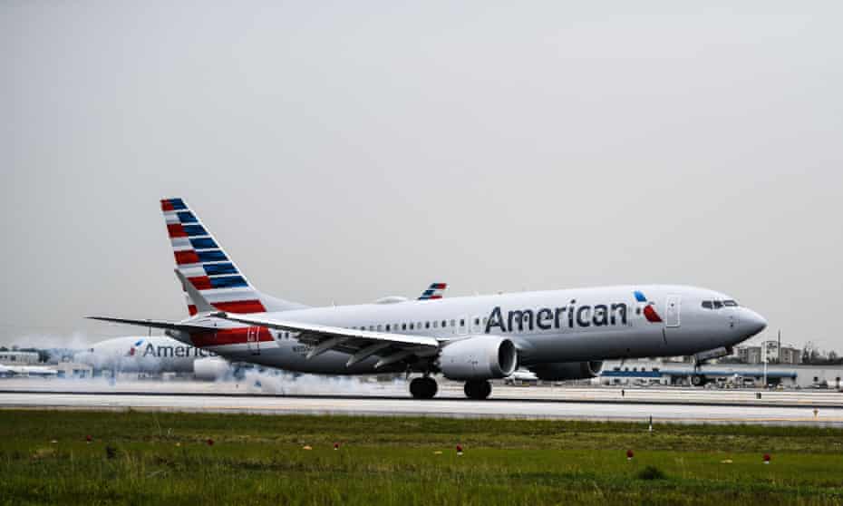 An American Airlines plane lands in Miami