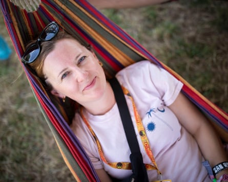 Sarah Phillips in a hammock at Glastonbury
