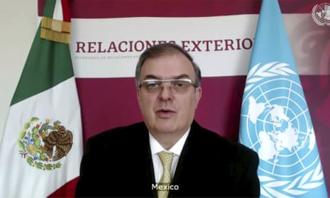 Mexico’s foreign minister, Marcelo Ebrard, speaks during a UN security council high-level meeting on Covid-19 recovery focusing on vaccinations.