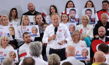 Opposition leader Donald Tusk speaks in Płock, central Poland.