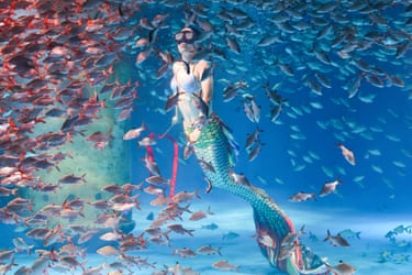A woman wearing a mermaid tail swims surrounded by fish