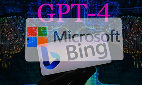 Illustration of GPT4 on top of microsoft and bing logos