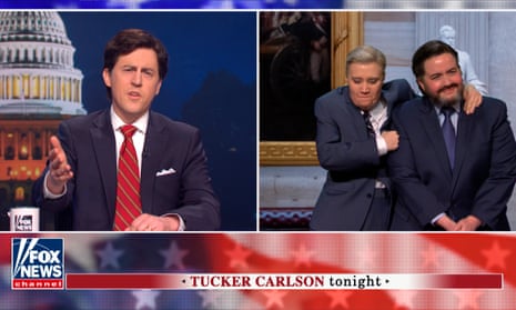 Saturday Night Live’s Alex Moffat as Tucker Carlson, Kate McKinnon as Lindsey Graham, and Aidy Bryant as Ted Cruz during the “Second Impeachment Trial” Cold Open on Saturday, February 13, 2021.