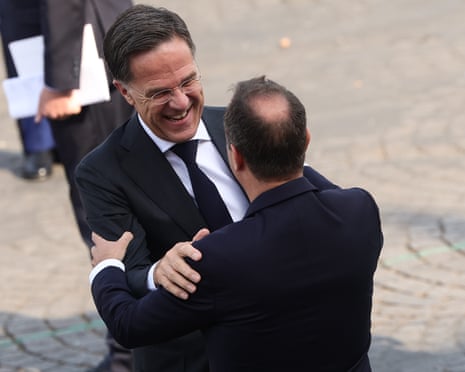 French prime minister Sébastien Lecornu (R) welcomes Nato Secretary-General Mark Rutte as he arrives for the Bastille Day military parade, in Paris, France.